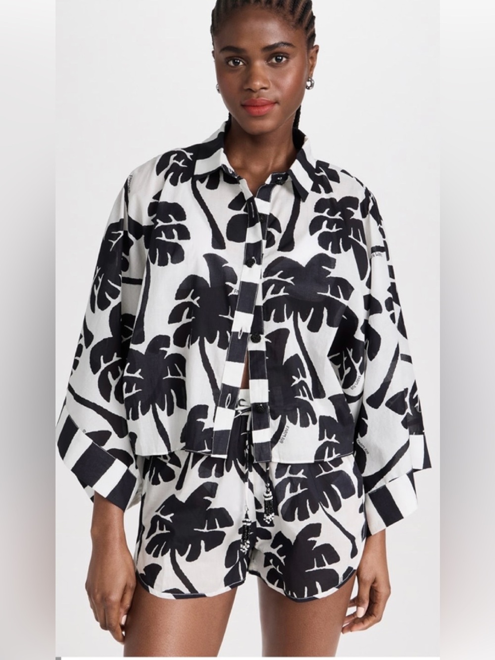 FARM Rio Black and White Tropical Print Button-Up Blouse